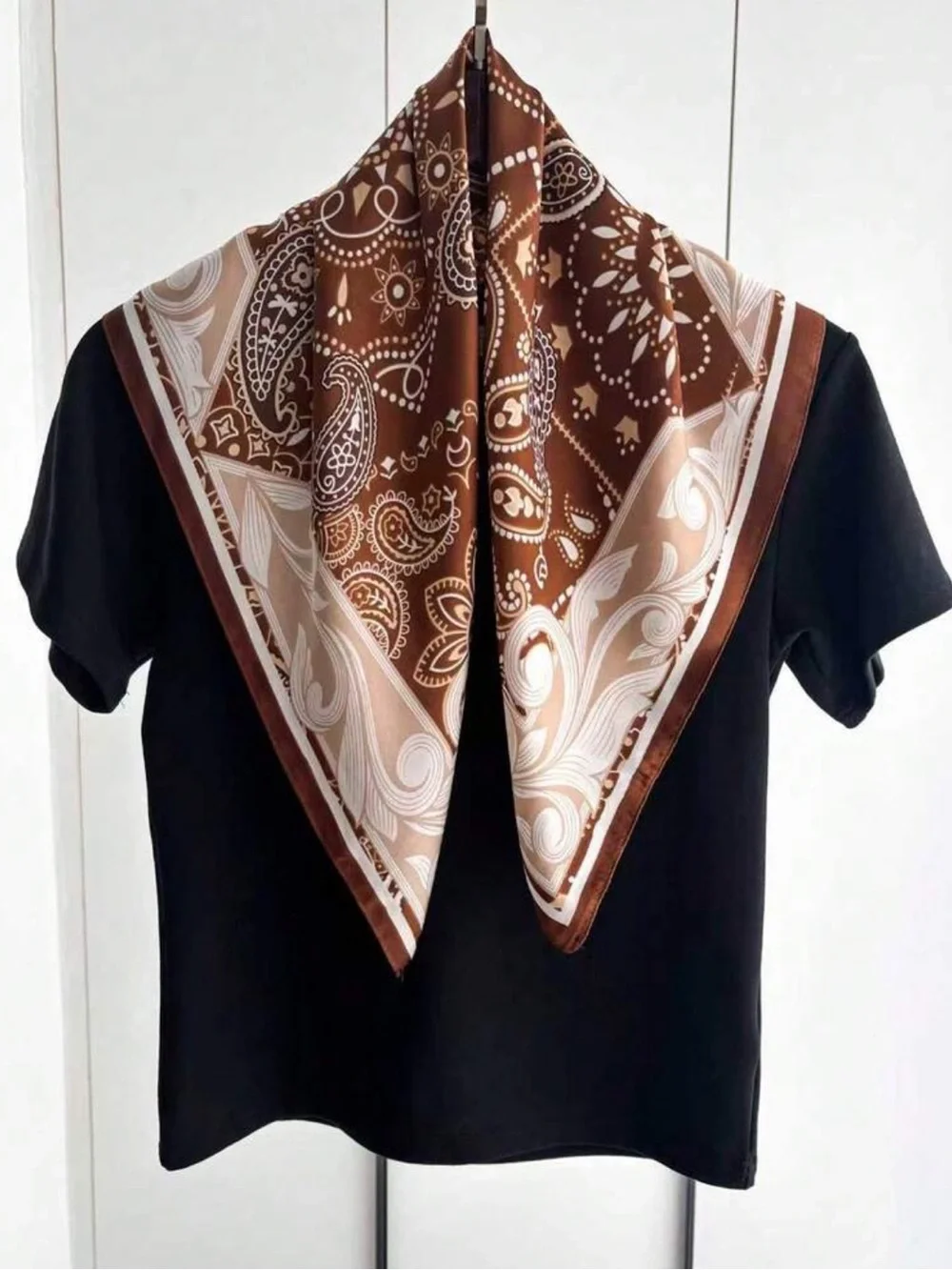 Silky Brown Cashew Paisley & Cream Printed Neck Scarf